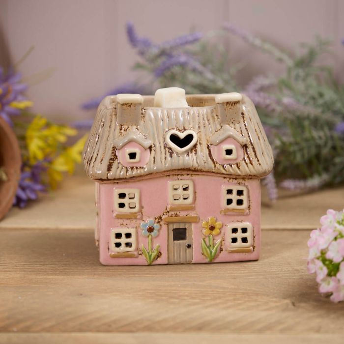 STONEWARE PINK THATCHED COTTAGE WITH EMBOSSED FLOWERS WAX MELT BURNER
