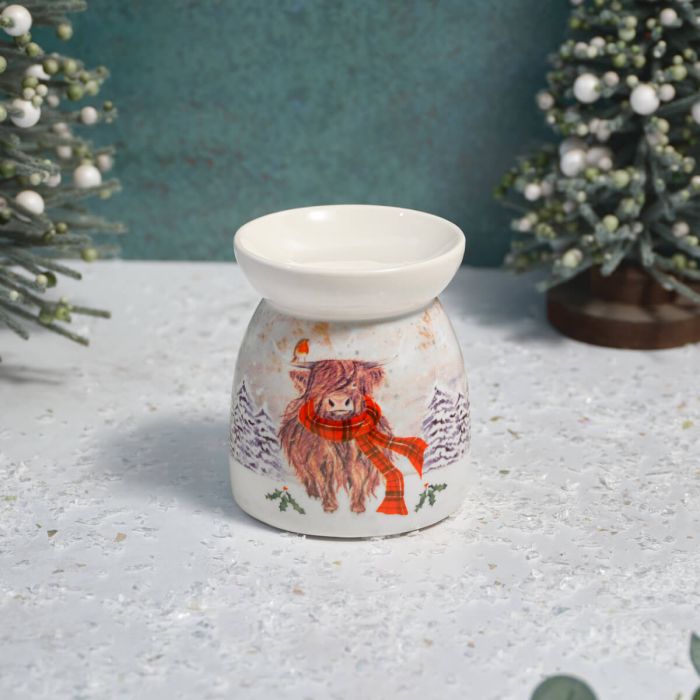 HIGHLAND COW WITH TARTAN SCARF STONEWARE WRAP AROUND WAX MELT BURNER