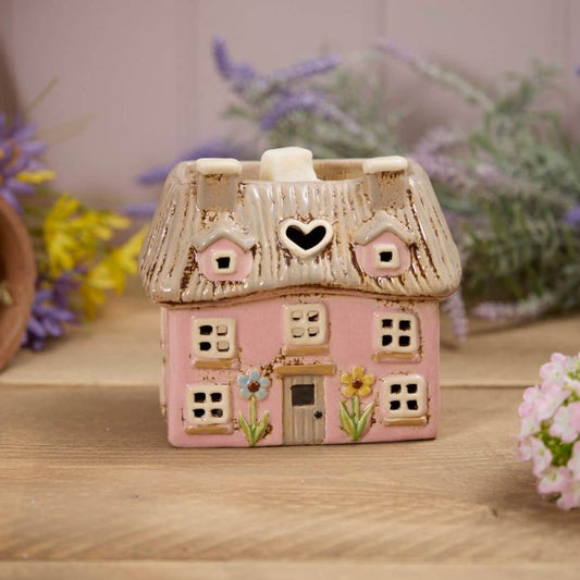 STONEWARE PINK THATCHED COTTAGE WITH EMBOSSED FLOWERS WAX MELT BURNER